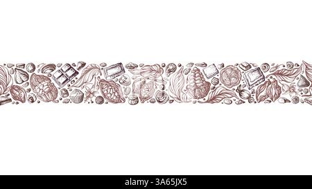 Cocoa, chocolate candy strip, seamless pattern Vector art sketch of caramel cake, nuts, bean, truffle with cacao powder, sugar dessert. Vintage graphi Stock Vector