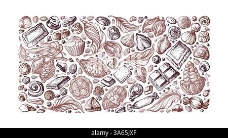Cocoa, chocolate candy on white background. Vector hand drawn sketch of caramel cake, nut, sugar truffle with cacao powder, sweet dessert. Vintage gra Stock Vector