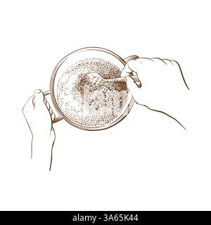 Cooking porridge. Sketch vintage pot, hand and spoon. Millet, rice, quinoa or oats. Vector graphic doodle illustration isolated on white background Stock Vector