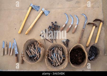 Flat lay of vary many set of hardware tools equipment, home, fix repair, building construction, garage, carpenter, te Stock Photo