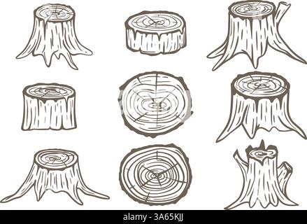 Hand drawn tree stumps set. Black sketch remains of cut tree. Stumps and round trunk cuts, clip art. Vector graphics, doodle Stock Vector