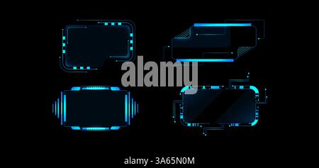 Cyberpunk hud frames and panels with futuristic neon blue glow. Geometric shapes form hi tech screens, displaying lines and squares. Rectangular elements for sci fi game interfaces and dashboards. Stock Vector