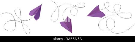 Flying paper planes set isolated on white background. Vector realistic illustration of purple origami aircraft with dotted line map, message, mail, travel app symbols moving in different directions Stock Vector