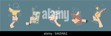 Hands holding cocktail glasses set isolated on background. Vector illustration of retro party bar menu, mojito beverage, cups of alcoholic drinks with lemon, cherry, pineapple pieces and straws Stock Vector