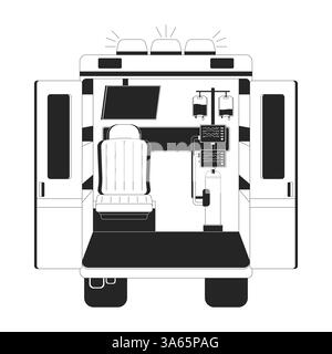 Inside view of ambulance with medical equipment 2D line object Stock Vector
