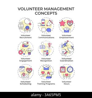 Volunteer management multi color concept icons Stock Vector