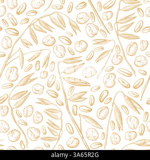 Oat seed, flakes seamless pattern. Organic farm food and bio milk. Texture graphic hand drawn background. Healthy porridge with bran. Stock Vector