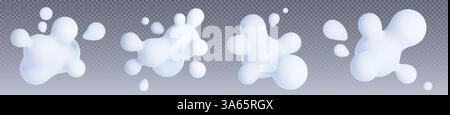 3d blob shapes in white soft style - abstract fluid formations. Organic rounded elements with floating geometric molecular particles on transparent background for modern digital design compositions. Stock Vector