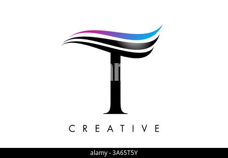 T letter Logo Icon serif font with Creative swoosh curves and elegant design vector Illustration Stock Vector