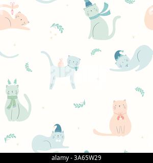 Christmas pet cats seamless pattern design-cute whimsical seasonal animals in hats and scarfs and decorations Stock Vector