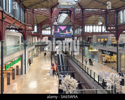 Bolton Market Place which has been converted into a modern shopping mall retaining the original Victorian ironwork of The Market Hall Stock Photo