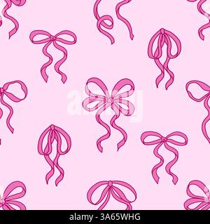 Coquette seamless pattern Pink Ribbon Bow. Pretty Girly bows. Trendy feminine romantic art for greeting cards, textile, fabric, wallpaper, wrapping. Vector Illustration. Stock Vector