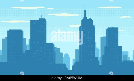 Day time cityscape pixel art. High buildings silhouette and clouds. 2d pixel video game background of daytime with modern skyscrapers in city. Seamles Stock Vector