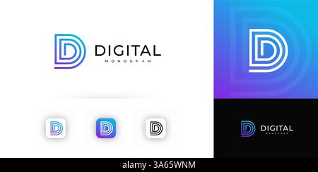Stylized letter D formed by layered digital lines with gradient color, evokes innovation, precision. Suitable for tech branding, apps, digital Stock Vector