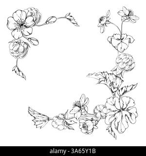 Cloudberry raspberry with white flowers, hand drawn vector ink, ripe Scandinavian forest berry bunch on stems. Isolated botanical garland frame Stock Vector
