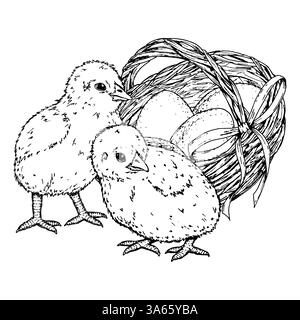 Hand drawn black and white illustration of two chicks and a basket with eggs tied with a ribbon. Suitable for Easter projects, spring greeting cards Stock Vector