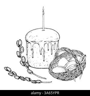 Black and white hand drawn illustration of Easter cake with candle, eggs in a wicker basket, and willow branches. Perfect for holiday cards, packaging Stock Vector