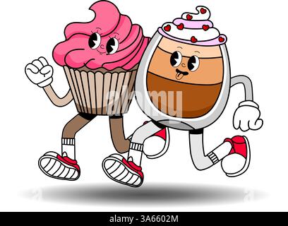 Ice-Cream and sweets couples. Cartoon retro 70s breakfast pair in coffee shop and café. Mascot happy character drink. Stock Vector