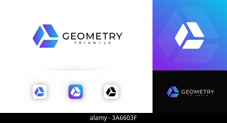 Geometric triangle logo with three abstract gradient parts forming modern tech union symbol. Futuristic digital identity for apps, branding, UI design Stock Vector