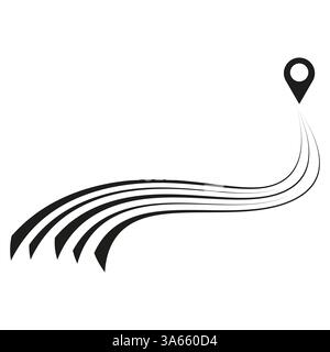 Pin location icon. Black dynamic line. Abstract striped path. Minimal vector design. Stock Vector