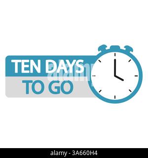 Countdown timer illustration. Number ten focus. Bold ten days to go text. Blue stopwatch icon. Stock Vector