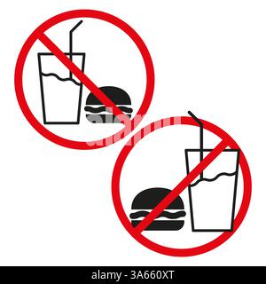 No food drink sign. Prohibited burger soda icon. Red circle restriction. Black and white symbol. Stock Vector