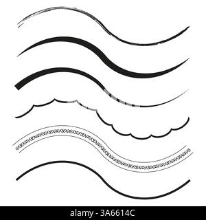 Wave line set. Curved brush strokes and decorative elements. Abstract flowing shapes. Vector ink lines. Stock Vector