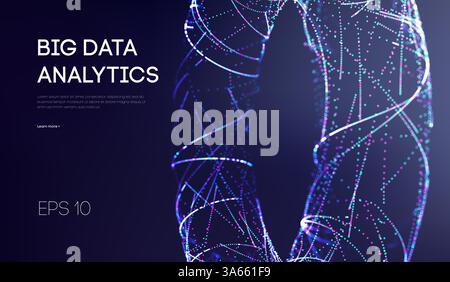 Big data analytics concept with glowing particle helix, futuristic digital visualization, abstract data stream and machine learning elements on dark Stock Vector
