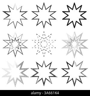 Starburst abstract shapes. Black and white graphic patterns. Decorative sharp edges. Vector star symbols. Stock Vector