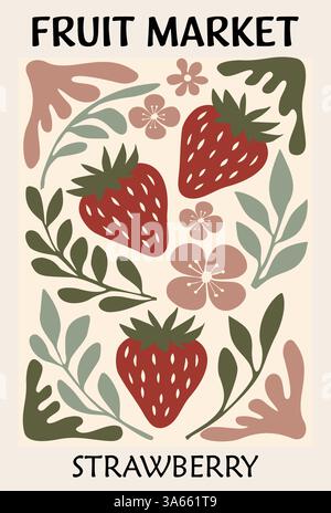 Abstract Fruit Market Strawberry retro art poster Stock Vector