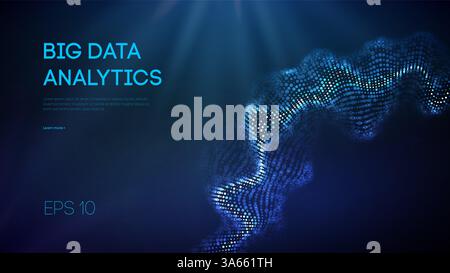 Big data analytics visualization with glowing blue wave of circular digital particles on dark background, abstract data sphere and futuristic network Stock Vector