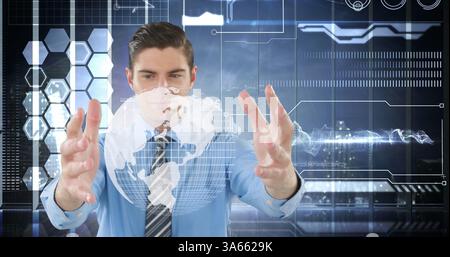 Exploring futuristic digital technology, businessman interacting with virtual interface Stock Photo