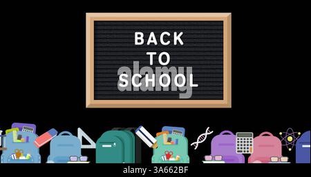 Back to school sign with colorful backpacks and educational supplies on display Stock Photo