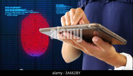 Person using tablet with digital fingerprint interface, exploring security features Stock Photo