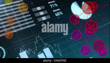 Image of network of connection with interface icons forming two globes over statistics recording Stock Photo