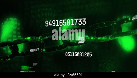 Image of numbers changing and data processing over green glowing online security chain Stock Photo