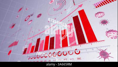 Image of multiple changing numbers floating against statistical data processing on grey background Stock Photo