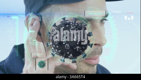 Image of a scope scanning, cell over caucasian man talking on a phone with an earphone Stock Photo