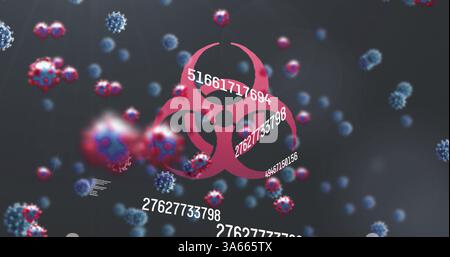 Digital image of multiple changing numbers floating over cells against biohazard symbol Stock Photo