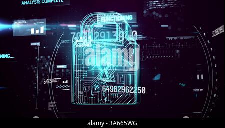 Image of online security padlock numbers changing and data processing Stock Photo