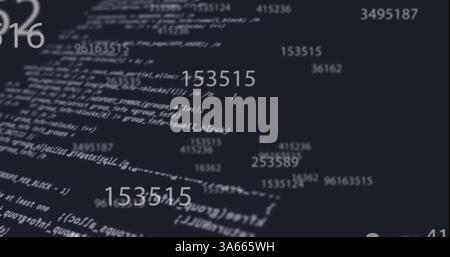 Digital image of multiple changing numbers floating against data processing on black background Stock Photo