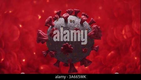 Image of covid 19 cell spinning over red blood cells in background Stock Photo