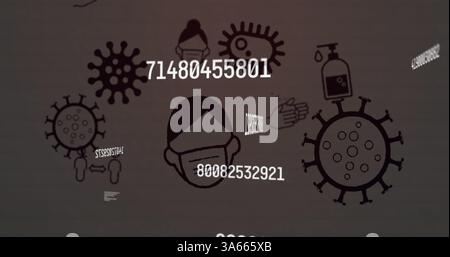 Digital image of multiple changing numbers floating over covid-19 concept icons on brown background Stock Photo