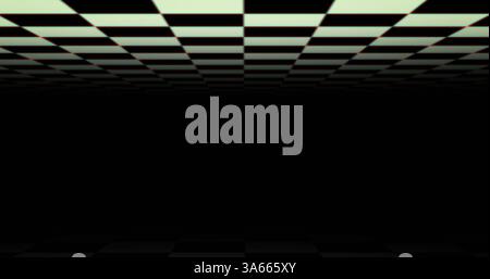 Black and white checkerboard squares moving at the top of a black background Stock Photo