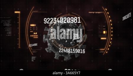 Digital image of multiple changing numbers floating against scope scanning cell on black background Stock Photo