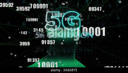 5g text and multiple changing numbers over spinning human face model against black background Stock Photo