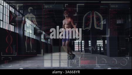 Image of medical data processing over man uping with jumping rope Stock Photo