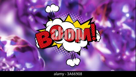 Image of boom text in red letters in retro speech bubble over glowing purple background Stock Photo
