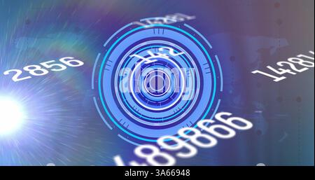 Image of digital interface showing circular scope and rising numbers with lens flare Stock Photo