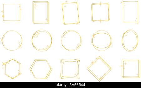 Golden frames with sparkles, glitter and stars. Square, round, rhombus, oval shapes with glitter particles. Border templates holiday design, vector Stock Vector